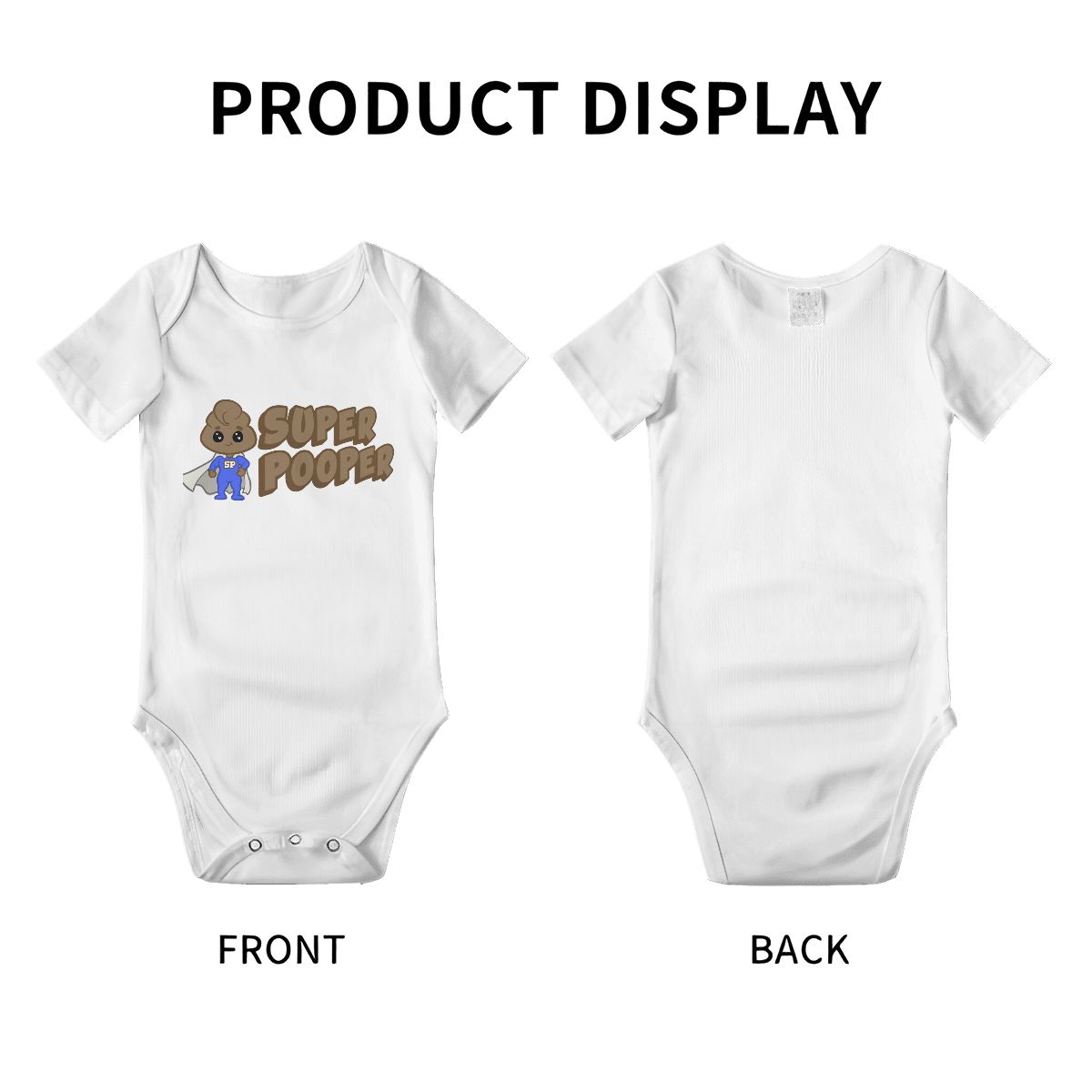 White baby onesie with 'Super Pooper' graphic on a white background